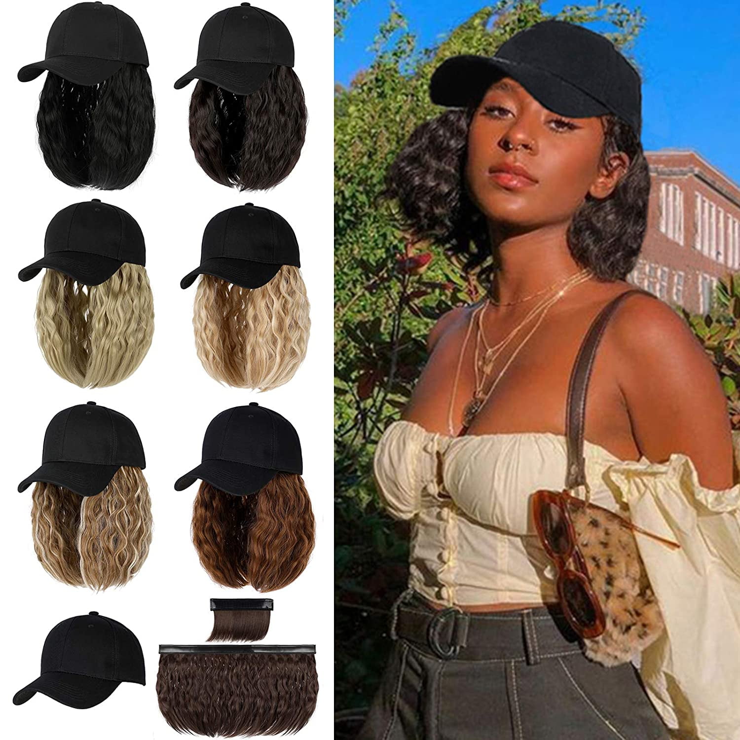 Baseball Cap with 14 inch Wave Curly 