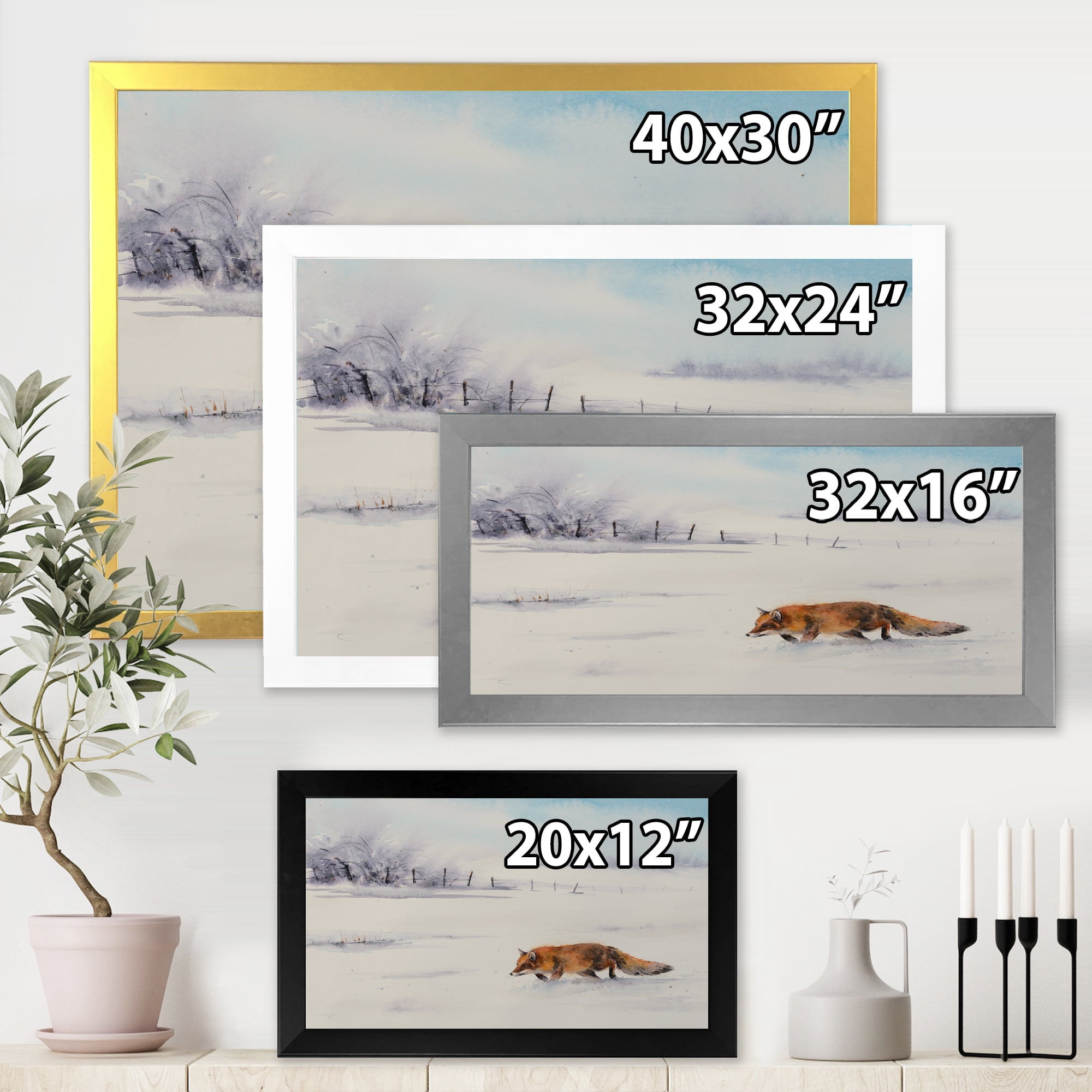 Designart 'Red Fox Running In White Snow in Countryside I' Farmhouse Framed Art Print