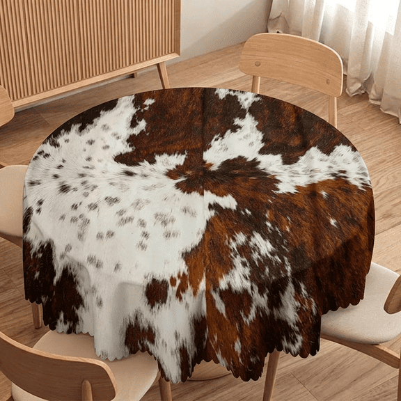 Odenmar 60 inch Round Tablecloth, Featuring Brown White Cowhide Pattern, Made from Polyester Fabric for Dining Kitchen Home Decor