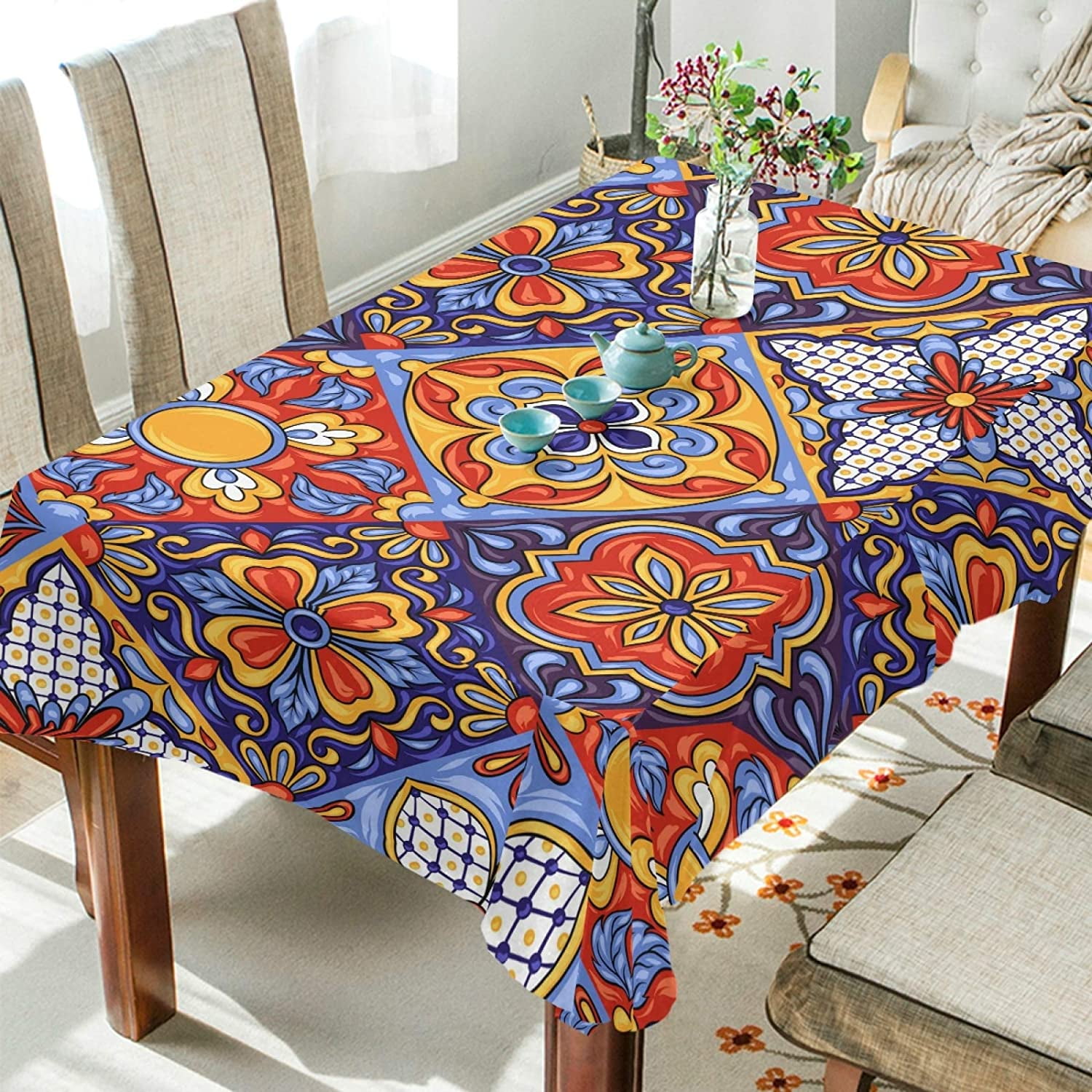 Colorful Flowers Qilmy Rectangle Tablecloth 60 x 120 Table Cloth Cover Tabletop Fabric for Outdoor Party Picnic Camping Restaurant