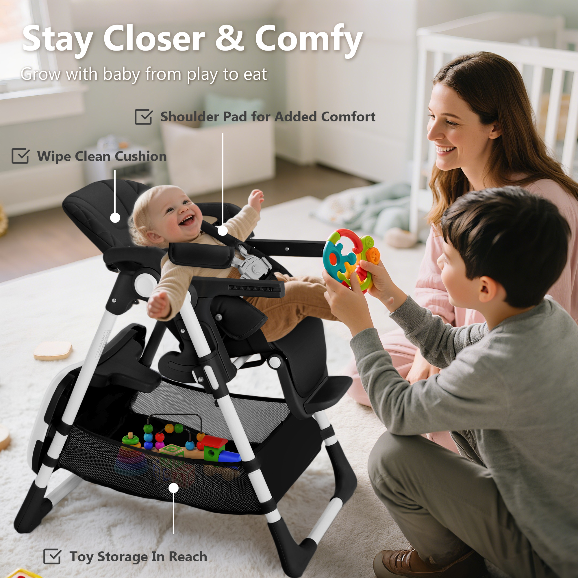 LINLUX Foldable Baby High Chair, Adjustable Feeding Chair for Toddler w/Removable Double Tray, Black
