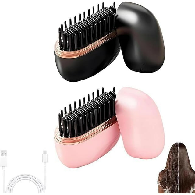 Glambrush Mini Hair Straightener,2-In-1 Mini Cordless Hair Straightener Comb With 3 Heat Settings,30s Fast Heating,Anti-Scald Shell,Hair Straightener For All Hair Types,Travel,Home Use (Black+Pink)