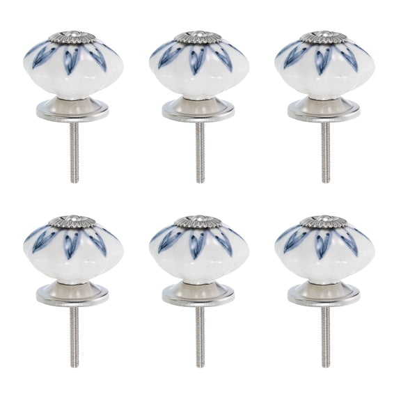 Uxcell 6 Pack Floral Ceramic Pull Knobs, Vintage Round Cabinet Knobs, Willow Leaf Blue Ceramic Knobs for Kitchen Cabinet