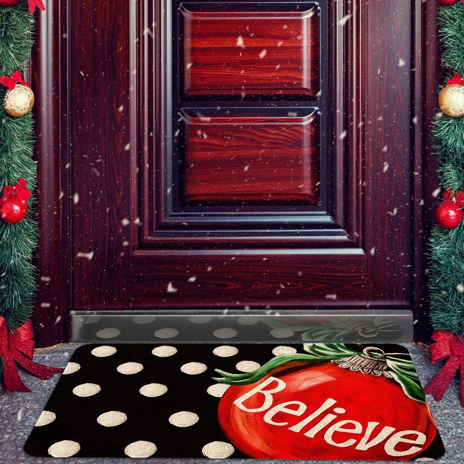Merry Christmas Door Mat 17x29 Inch Black Believe Doormat Decorative Outdoor Winter Decoration Indoor Outdoor Entrance Floor mat, Non Slip Welcome Party Decor