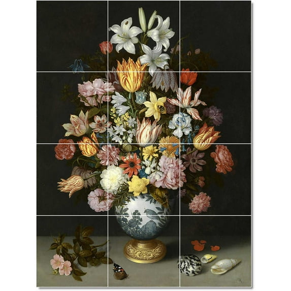 Ceramic Tile Mural-Ambrosius The Elder Bosschaert Flowers Tile Mural House Renovations Idea. 29.75" w x 12.75" h using (21) 4.25 x 4.25 ceramic tiles