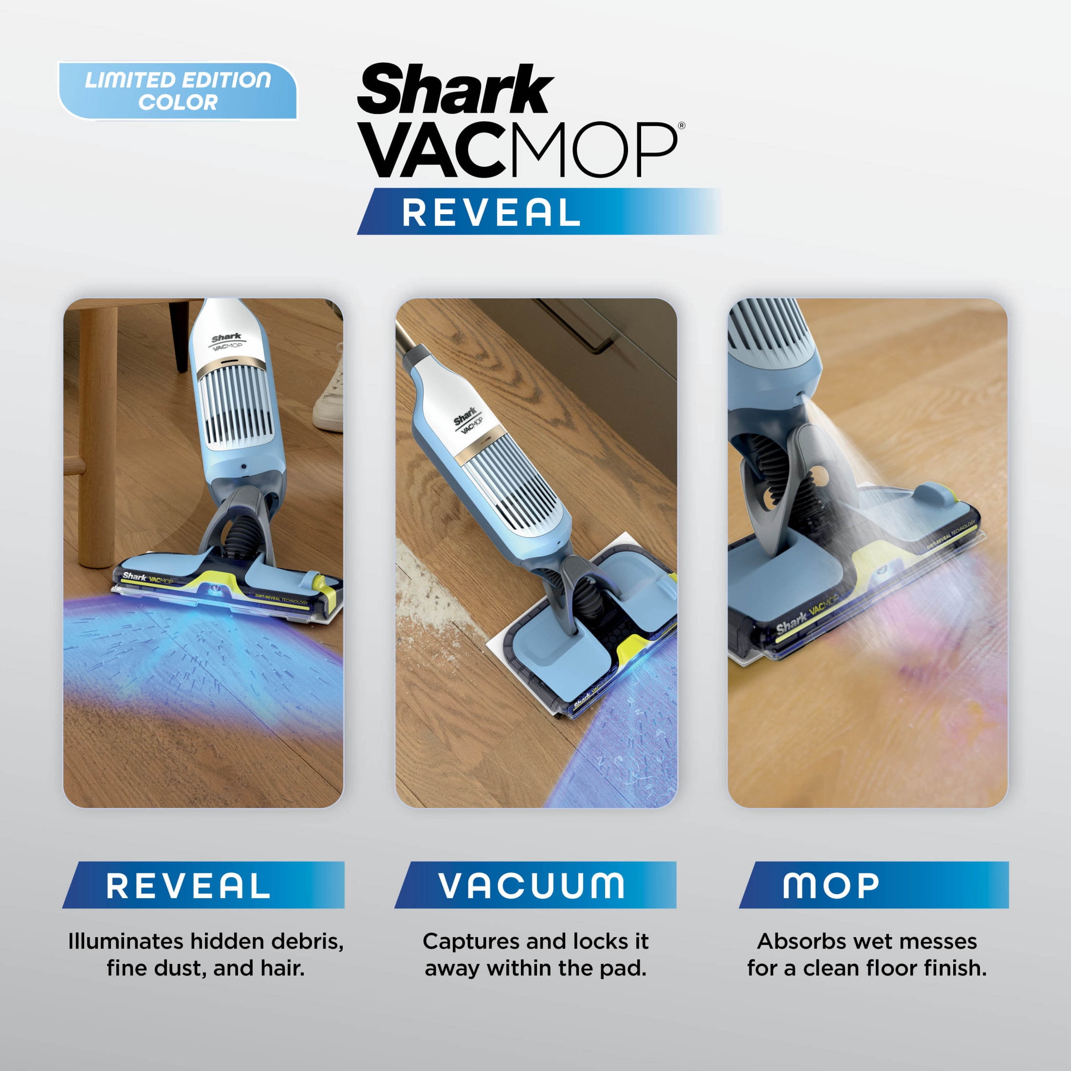 Shark VACMOP Reveal Cordless Hard Floor Cleaner, Vacuum and Spray Mop, 4 Disposable Pads, 12oz Pet Multi-surface Cleaning Solution, VM401BL Blue