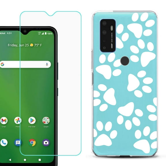 Shockproof Bumper Phone Case for AT&T Radiant Max 5G / Fusion 5G, with Tempered Glass Screen Protector, by OneToughShield ® - Pet Paw / Teal
