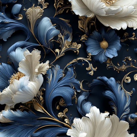 Baroque Peel and Stick Wallpaper Elegant Floral Blue White Gold Detailing Dark vintage Wall Mural 23.6in x 9.8ft Self Adhesive Removable Wall Paper Renter Friendly Wallpaper for Bedroom