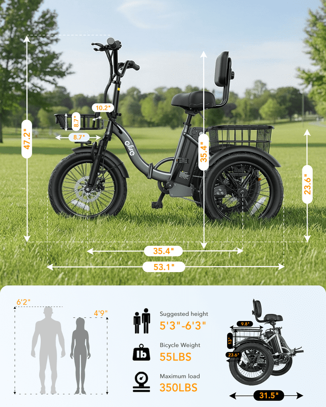 Actbest Electric Tricycle for Adults, 18" Folding Electric Trike, Peak 1200W Motor 48V 10.4AH Etrike, 18MPH Up to 50 Miles 3-Wheel Electric Bike Grey