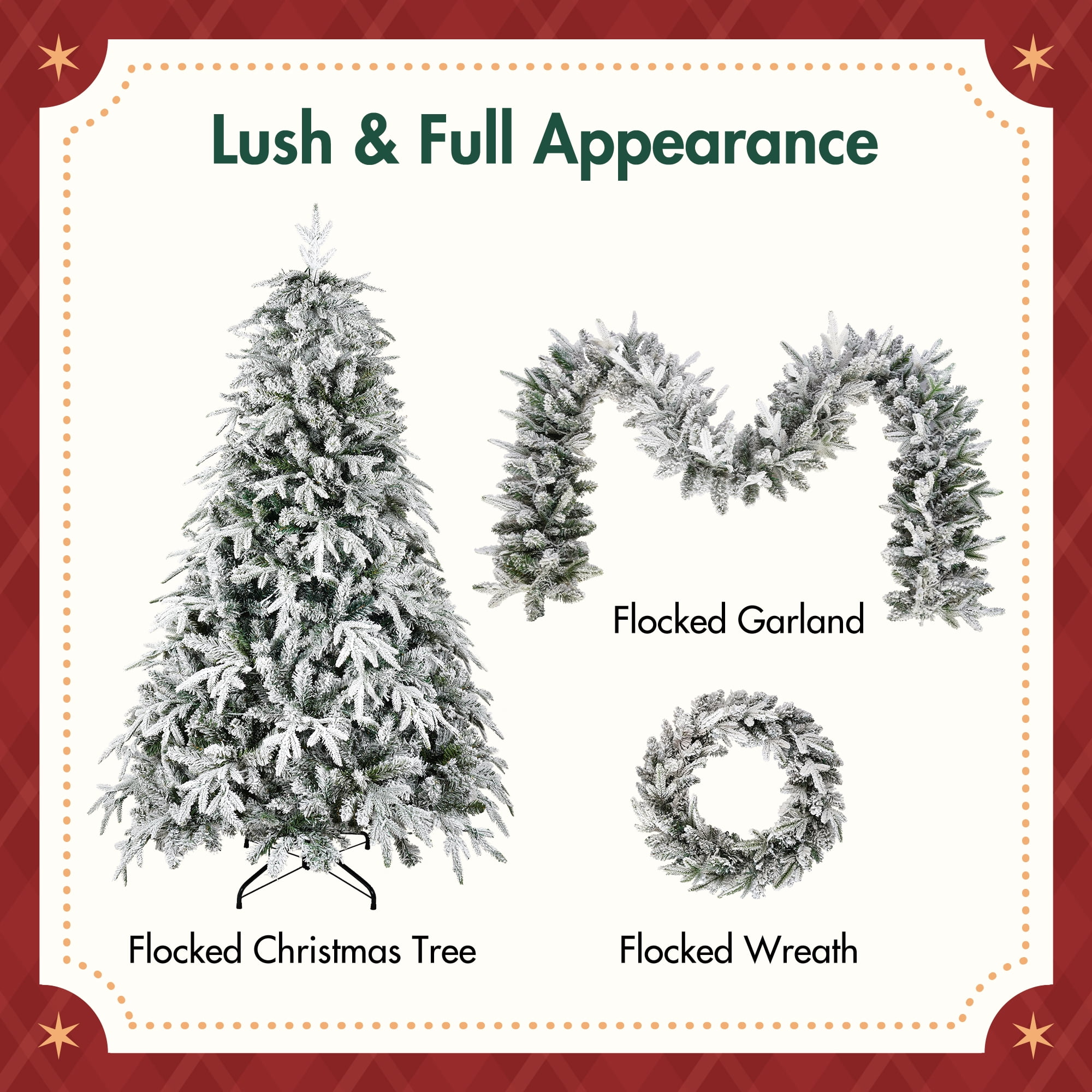 Euroco Christmas Snow Flocked Wreath with Xmas Snow Garland and Snow Xmas Tree, 3 Pac Snowy Flocked Christmas Decor with Warm LED Lights, 9ft Flocked Garland, Flocked Wreath, 6ft Flocked Tree