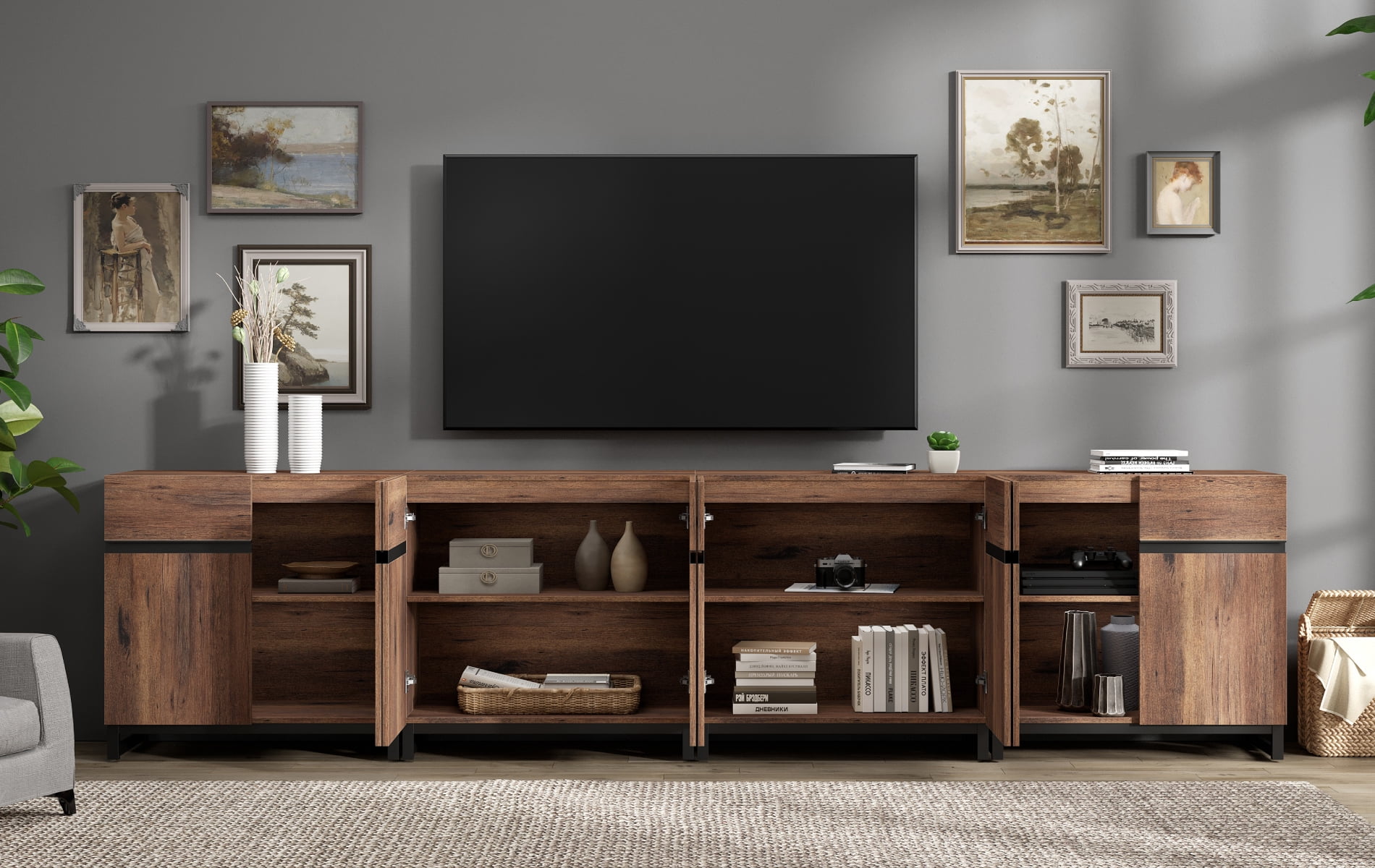 126 Inch Modern TV Stand for TVs up to 120 Inch, 4 Packs Wood Entertainment Center with Storage Doors, Adjustable Shelves and Heavy-Duty Metal Base, Long Media Console Table for Living Room,Brown