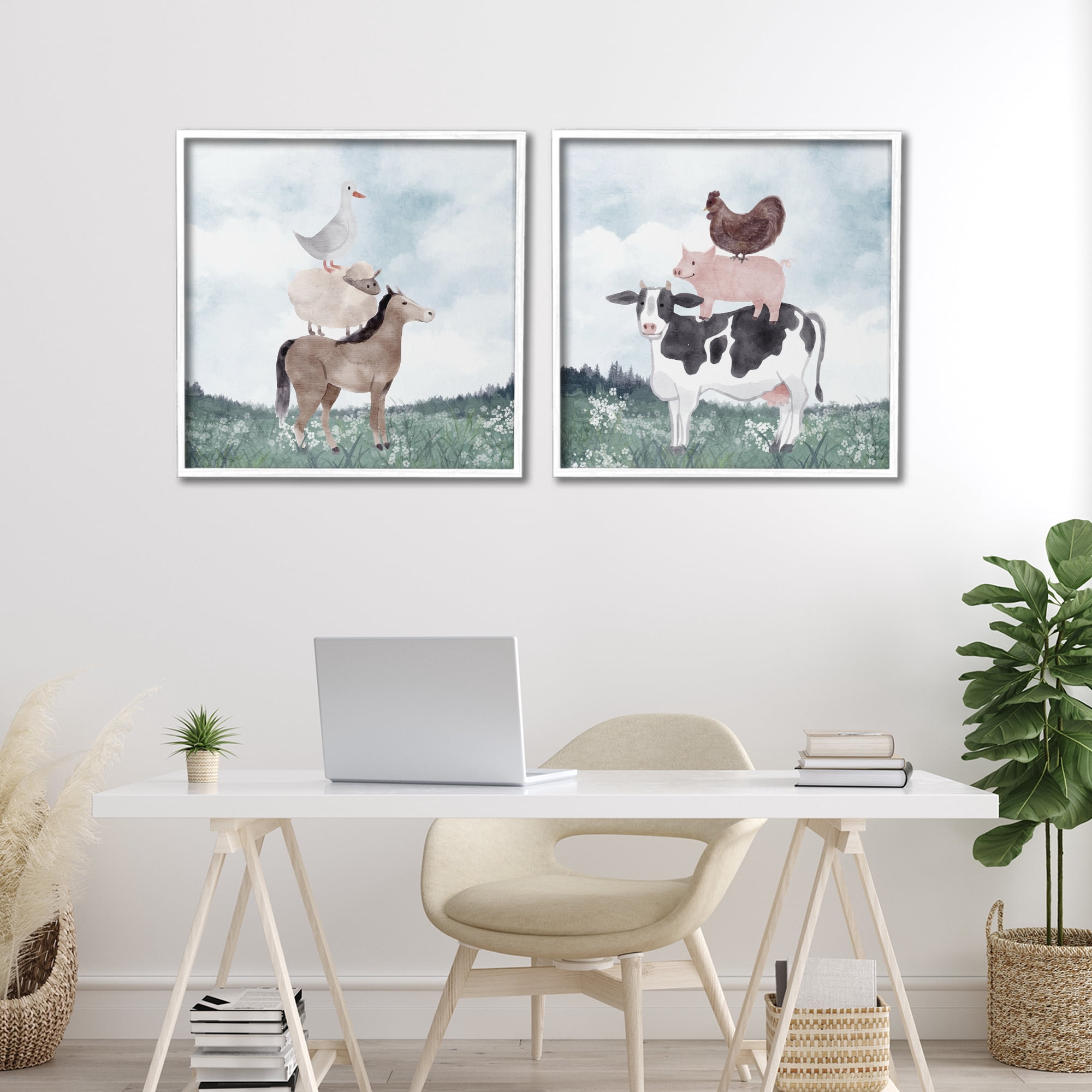 Stupell Industries Stacked Animals Blue Sky Farm 2 Piece White Framed Giclee Art Set, design by Kim Allen
