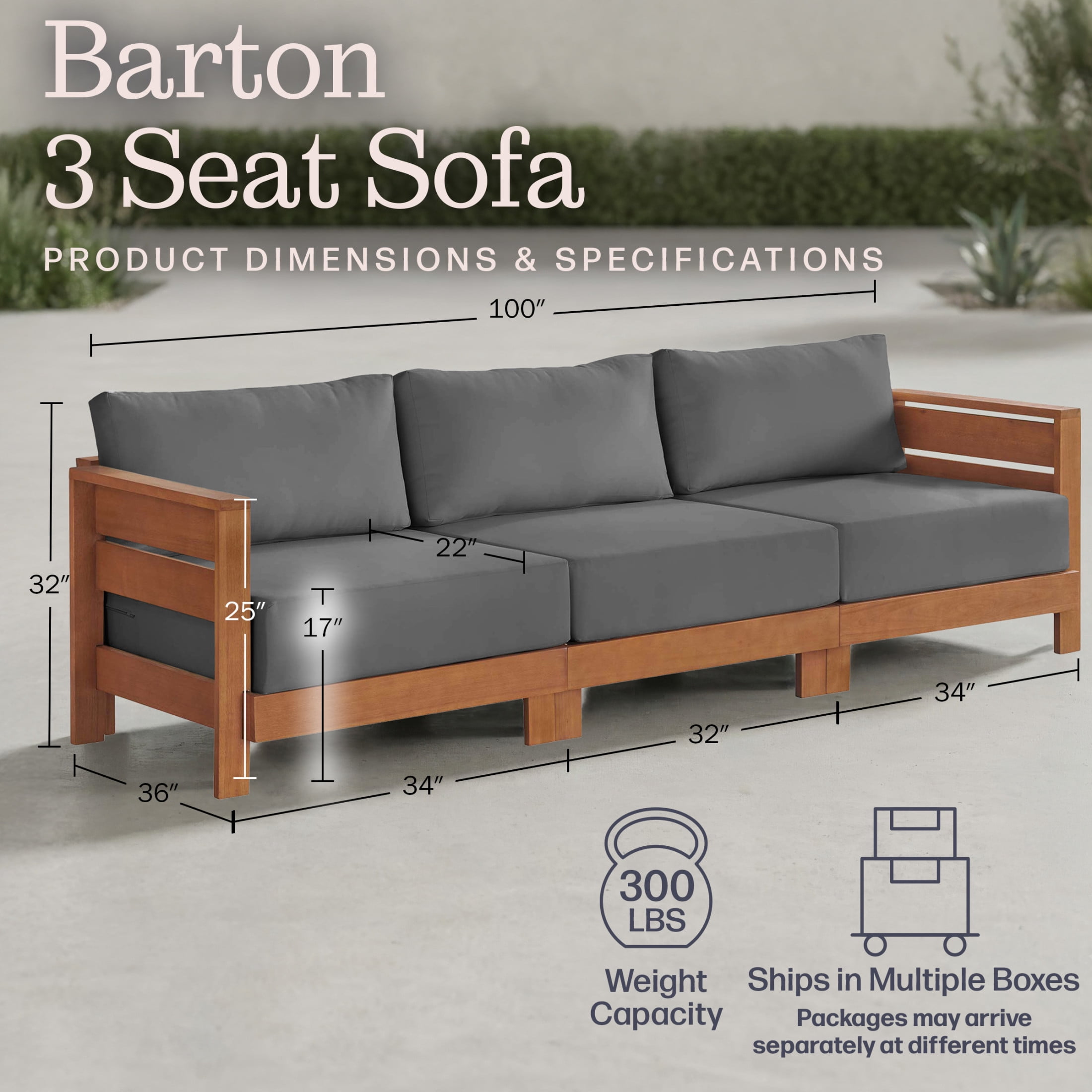 Alaterre Furniture Barton 3-Seat Patio Sofa - Eucalyptus Wood Outdoor Couch (Natural)