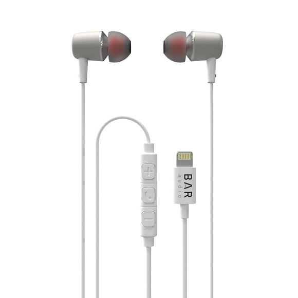 Bar Audio Wired in-Ear Headphones w/Lightning Connector Built-in Microphone & Volume Control Apple MFI Certified Noise Isolating Custom-Fit Earpeices (S/M/L), Crystal-Clear Bass & Treble (White)