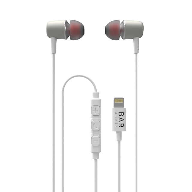Bar Audio Wired in-Ear Headphones w/Lightning Connector Built-in Microphone & Volume Control Apple MFI Certified Noise Isolating Custom-Fit Earpeices (S/M/L), Crystal-Clear Bass & Treble (White)
