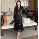 thumbnail image 1 of JSXDHK 2023 spring new elegant women's long black chiffon dress with v-neck and lantern sleeves, pleated zhangmengya LED, 1 of 2