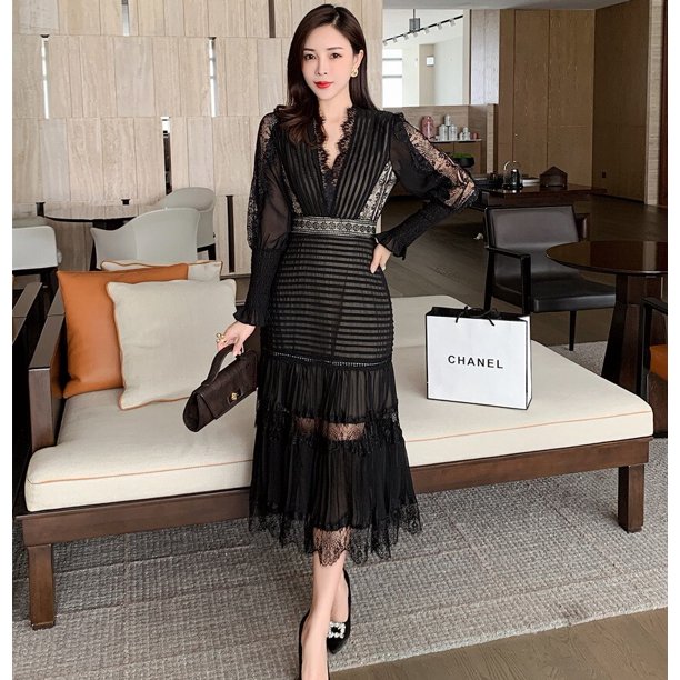 JSXDHK 2023 spring new elegant women's long black chiffon dress with v-neck and lantern sleeves, pleated zhangmengya LED