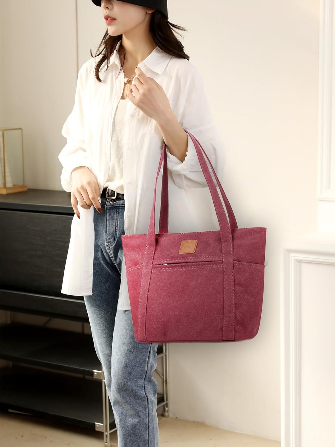 Omlopp Womens Shoulder Handbags Heavy Duty Canvas Work Tote Retro Bucket Bag-Burgundy