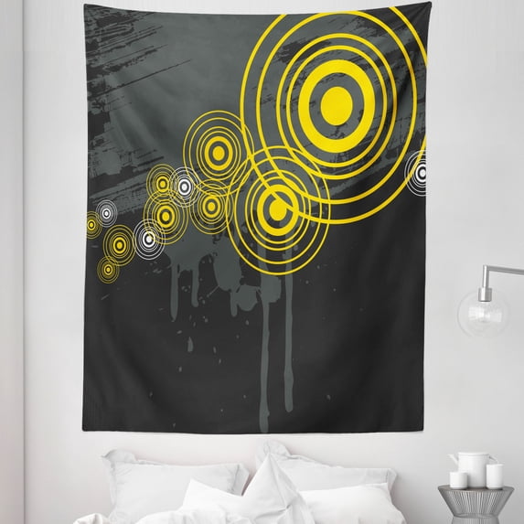 Black Tapestry, Music Street Design Inspired Geometrical Inner Circles Image, Fabric Wall Hanging Decor for Bedroom Living Room Dorm, 5 Sizes, Charcoal Grey and Black, by Ambesonne