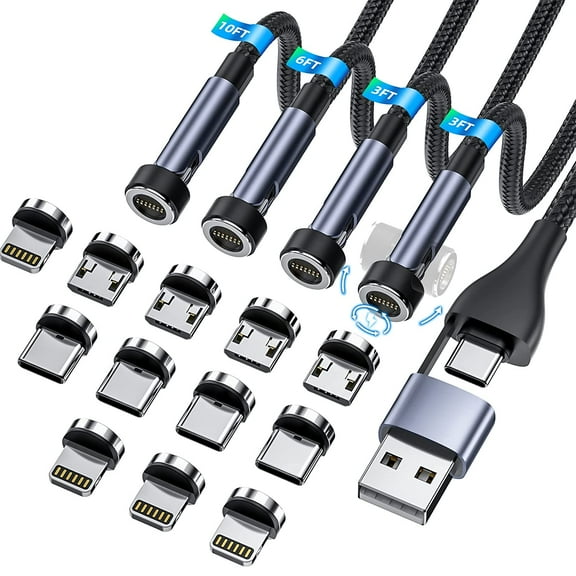 5-in-1 Magnetic Charging Cable, 540 ° Rotation Magnetic Phone Charger [4-Pack,3ft/3ft/6ft/10ft] Magnetic USB A/Type C Fast Charging Cable Magnetic Charger for i-P/Micro USB/USB C Device