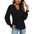 thumbnail image 2 of GA WEIHUA Puff Long Sleeve Tops for Women Causal Waffle Knit V Neck Shirts Solid Color Ruffle Tunic Top 2024 Fall Outfits Fashion Clothes Basic Tee Tops Blouse,Black,XXL, 2 of 3