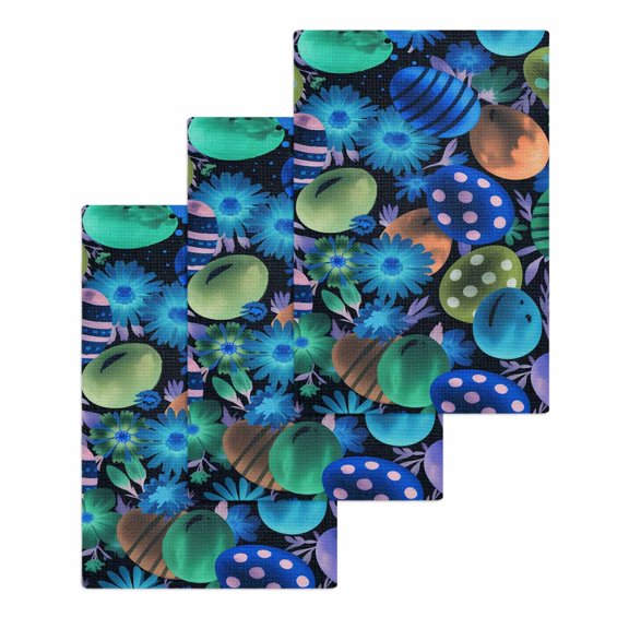 Easter Blue Eggs Kitchen Dish Towels for Drying Dishes Set of 3, Spring Floral Polka Dot Black Waffle Weave Microfiber Hand Tea Bathroom Towels Quick Dry & Absorbent Towel 15.7x23.6