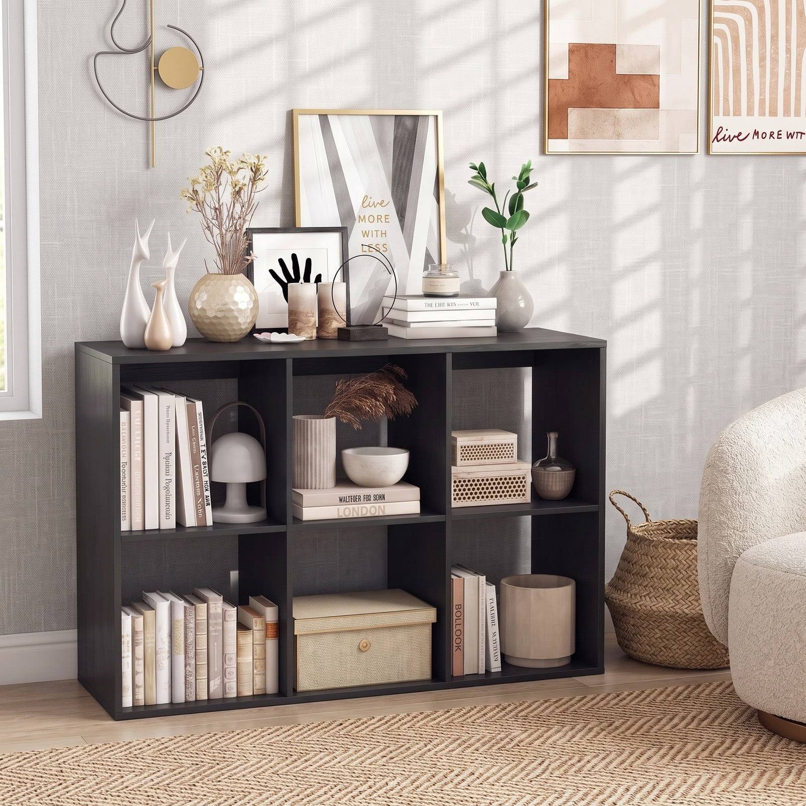 Furnibear 6 Cube Bookshelf, Black Wood Cube Storage Organizer with Back Guardrail and Anti-Tip Kit, Freestanding Display Bookcase for Living Room Bedroom Home, Black