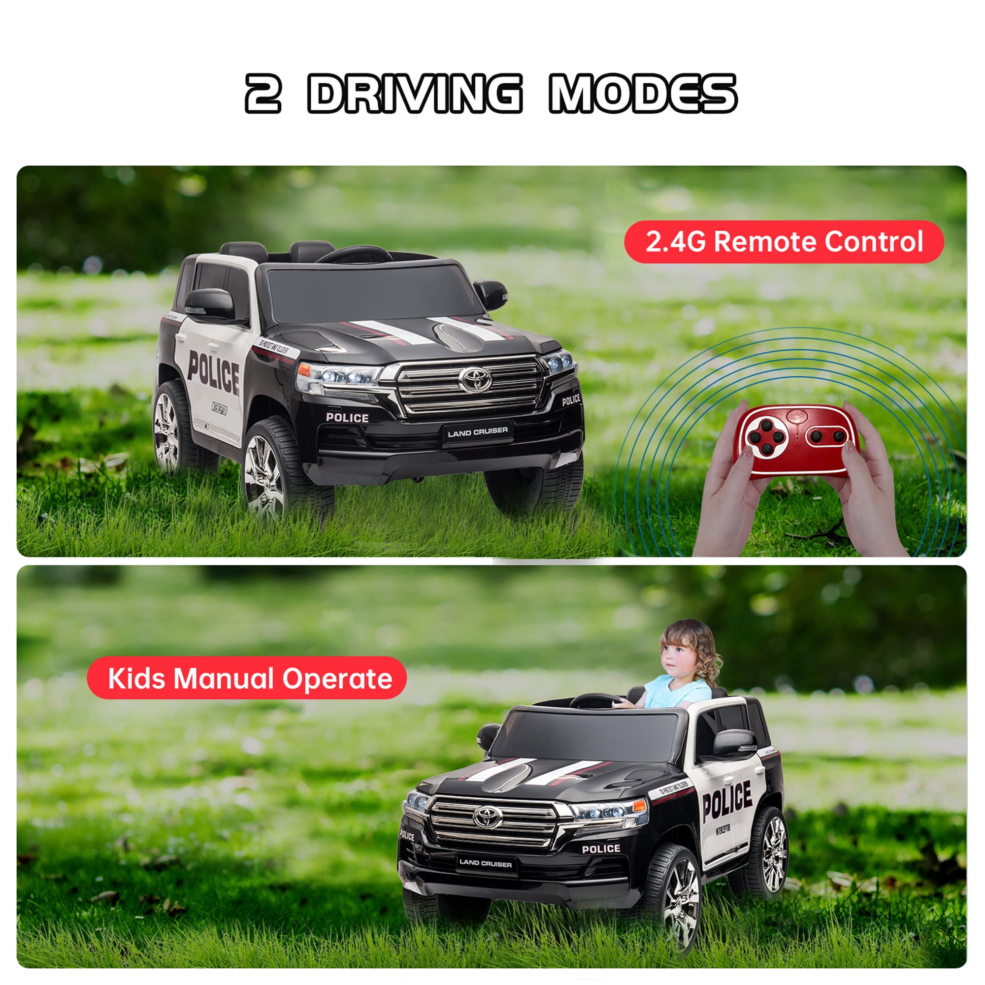 12V Licensed Toyota Land Cruiser 2-Seater Electric SUV Police Car with Remote, 2 Motors, 3 Speeds