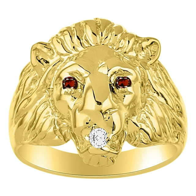 RYLOS Lion Head Ring with Gemstone Eyes & Diamond Mouth – Fun Designer Rings in Yellow Gold Plated Silver Garnet Size 8