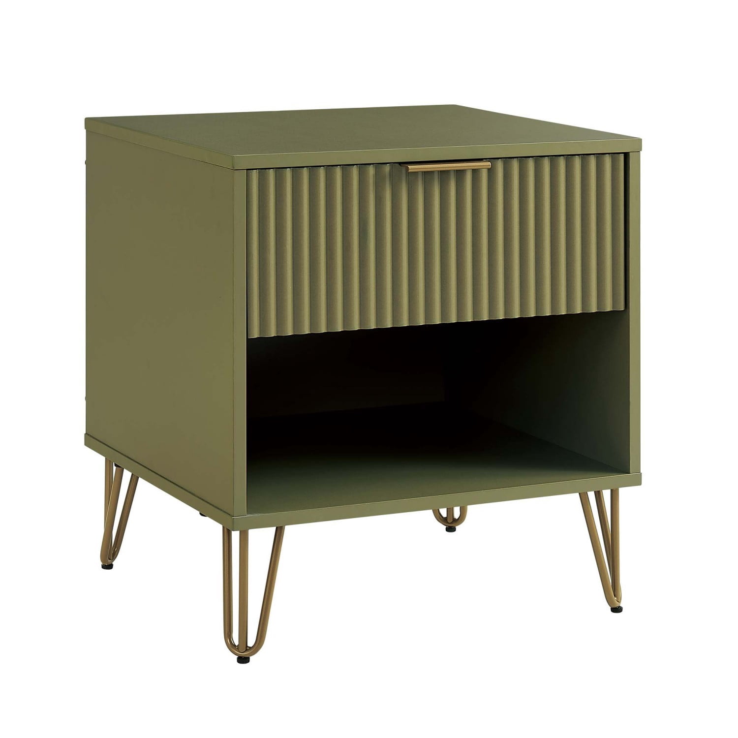 Nightstand, Modern Glam Bedside Table with 1 Drawer, Vertical Ribbed Texture, Gold Handle and Splayed Metal Legs, Storage End Table for Bedroom Living Room, Olive Green