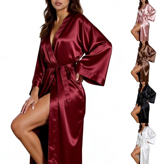 Women's Sexy Satin Long Sleeve Robe, Comfortable and Elegant Lingerie Robe for Bedroom, Boudoir, and Post-Shower, Soft and Silky Loungewear Cover Up-Black