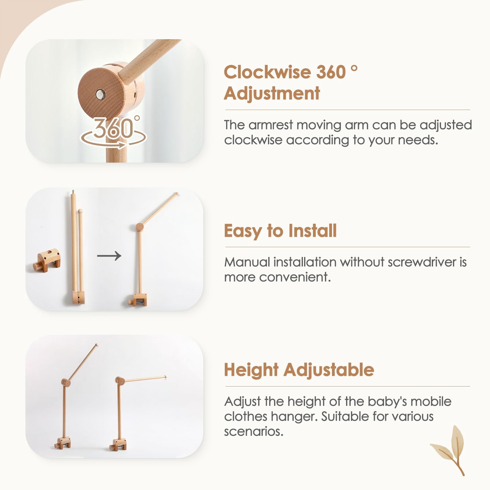 HYPERLIVING Crib Mobile Arm - Rotating Baby Mobile Hanger, Natural Beech Wood, Mobile Stand for Crib Nursery Decor, Perfect for Baby Girl or Boys