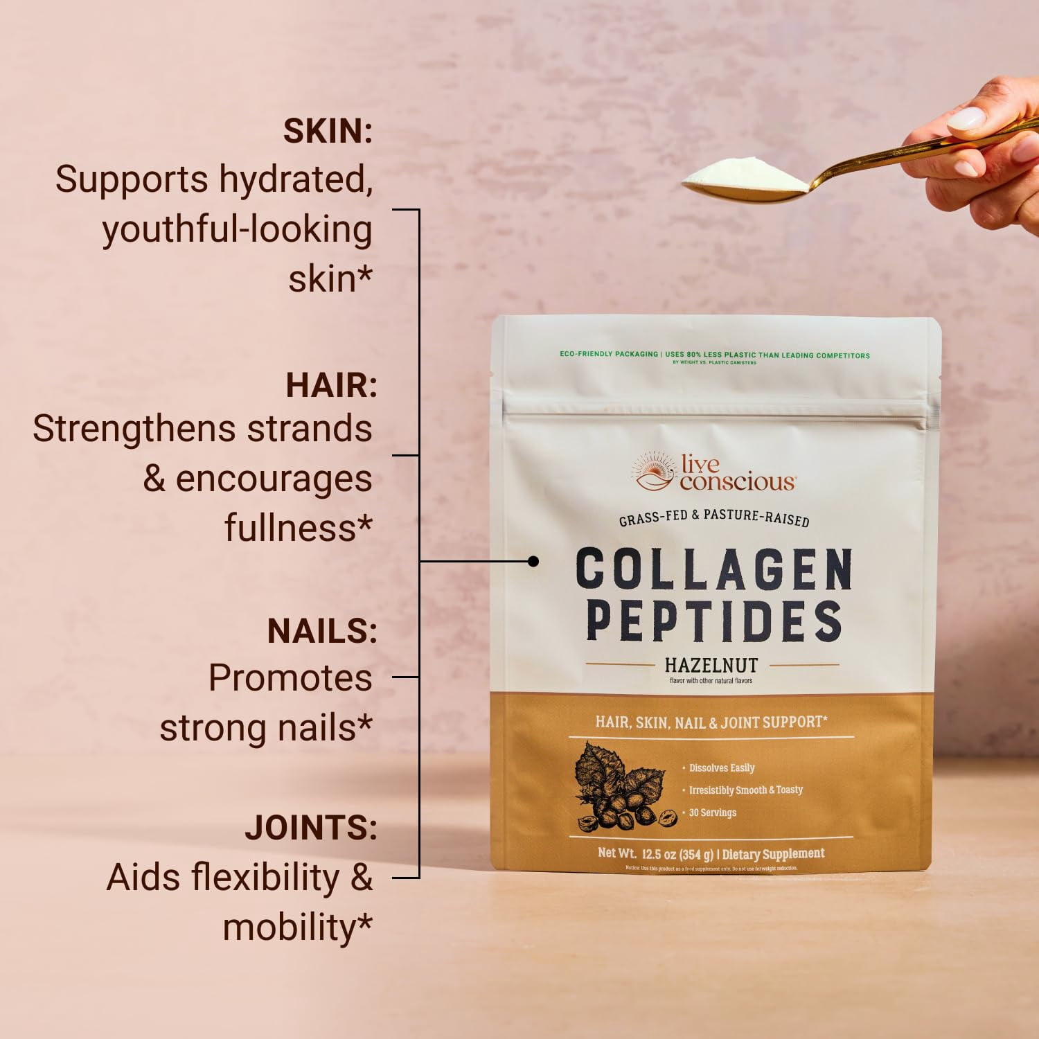Live Conscious Hazelnut Collagen Peptides Powder, Grass-Fed Types I & III, Skin, Hair, Nails & Joint Support, for Women and Men, 30 Servings