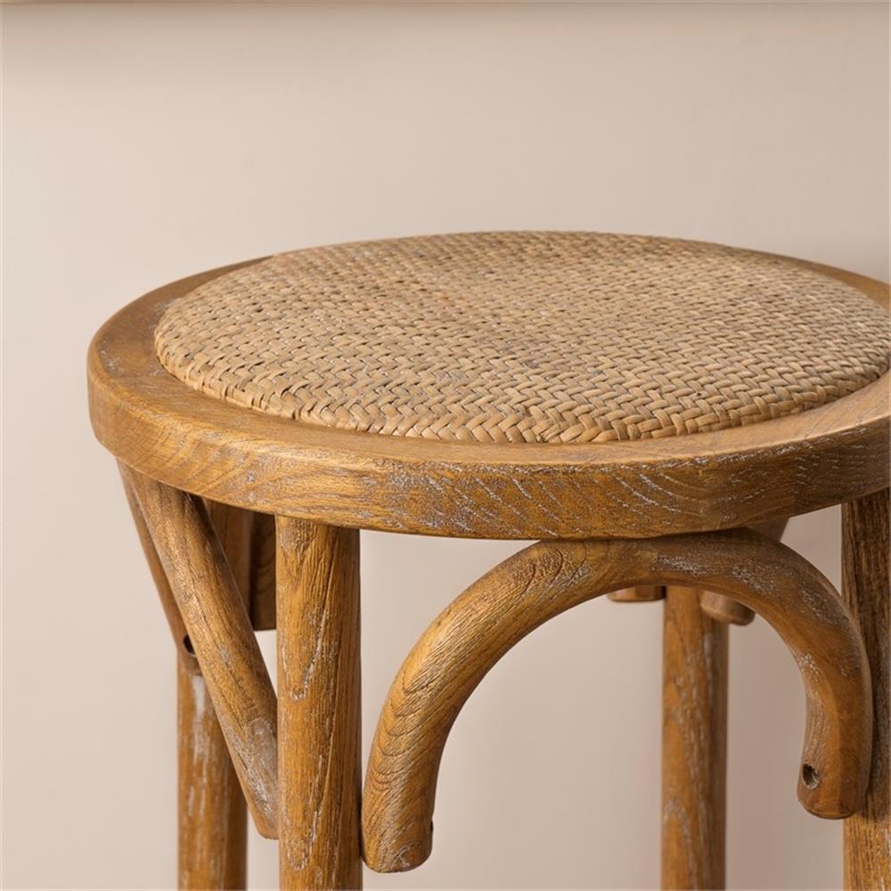 Linon Billy 30" Round Backless Rustic Bar Stool Woven Seat in Natural Wood
