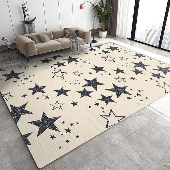 Cartoon Black Star Area Rug Simple Beige For Living Room Rugs, Indoor Non-Slip Rugs, Machine Washable Breathable Durable Carpet For Bedroom Study Front Entrance Floor Decor 5x6ft
