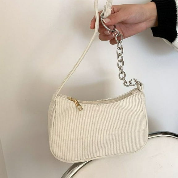 Chain Handbag Women Shoulder Bags Retro Corduroy Underarm Bag Zipper Female CHAIN-WHITE
