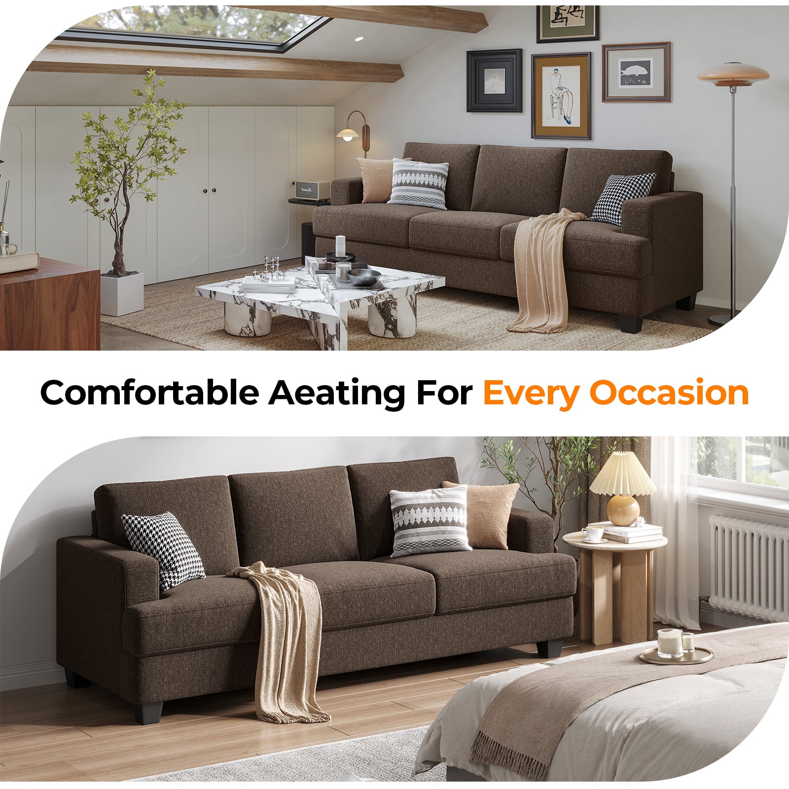 BLAZANT 3 Seater Sofa Oversize, 89" Extra Large Size Sofa Couch with Extra Deep Seats, Modern Loveseat Sofa, Comfortable Fabric, Easy to Install, for Living Room Apartment Lounge, Brown