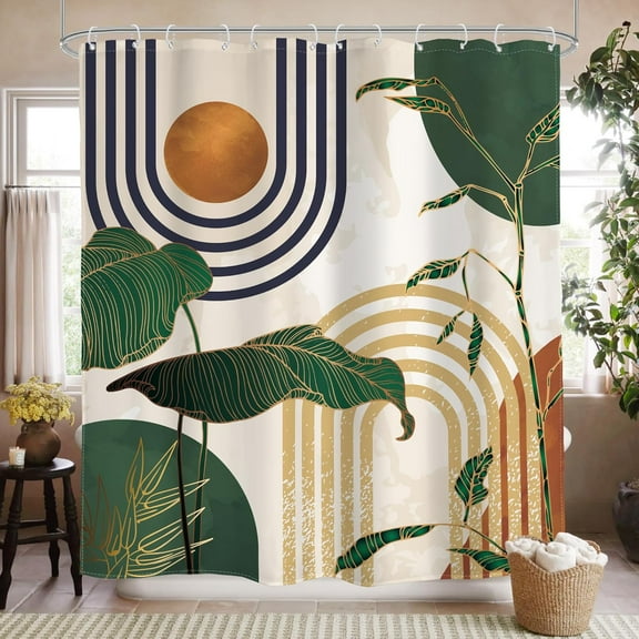 Abstract Mid Century Shower Curtain Green Retro Boho Tropical Palm Tree Sun Arch Bathroom Modern Minimalist Aesthetic 72Wx72L Inches Bath Accessories Art Home Decor Fabric 12 Pack Hooks