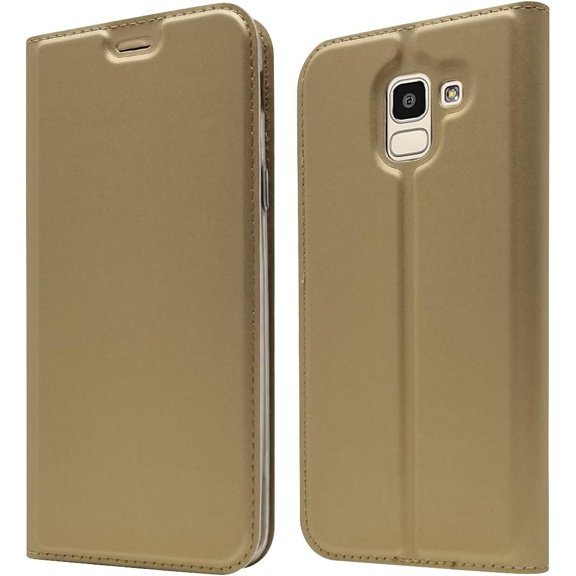Classic PU Leather Wallet Case Slim Folio Book Cover with Credit Card Slots,Cash Pocket,Stand Holder,Magnetic Closure Protective Case for Samsung Galaxy J6 2018- Gold