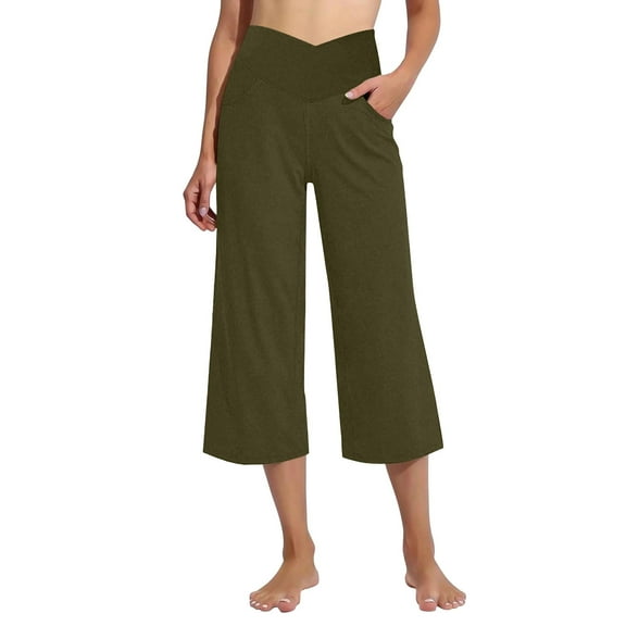 Olyvenn Womens Casual Wide Leg Yoga Capris Crossover High Waist Capri Pants Loose Soft Pajama Pockets Sweatpants Army Green S