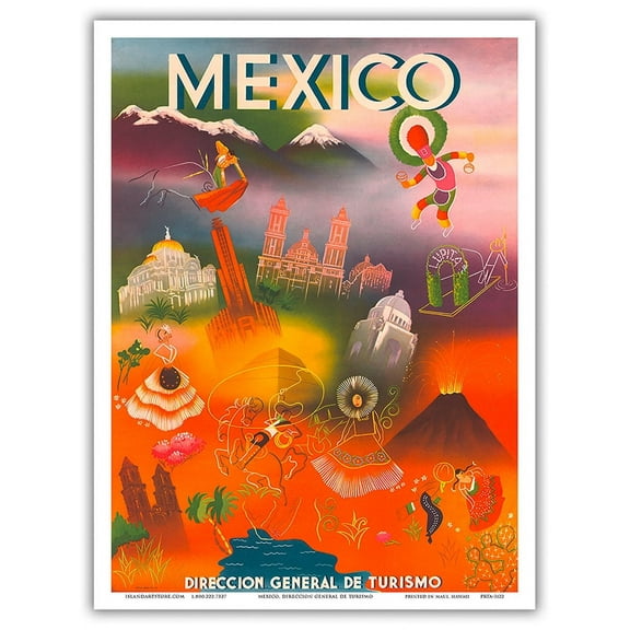 Mexico - Direccion General de Turismo (Department of Tourism) - Vintage Travel Poster 1950 - Master Art Print (Unframed) 9in x 12in