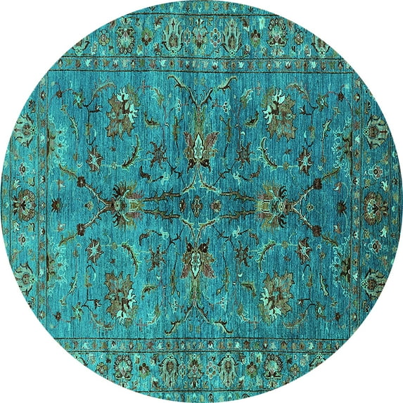 Ahgly Company Machine Washable Indoor Round Oriental Turquoise Blue Industrial Area Rugs, 6' Round
