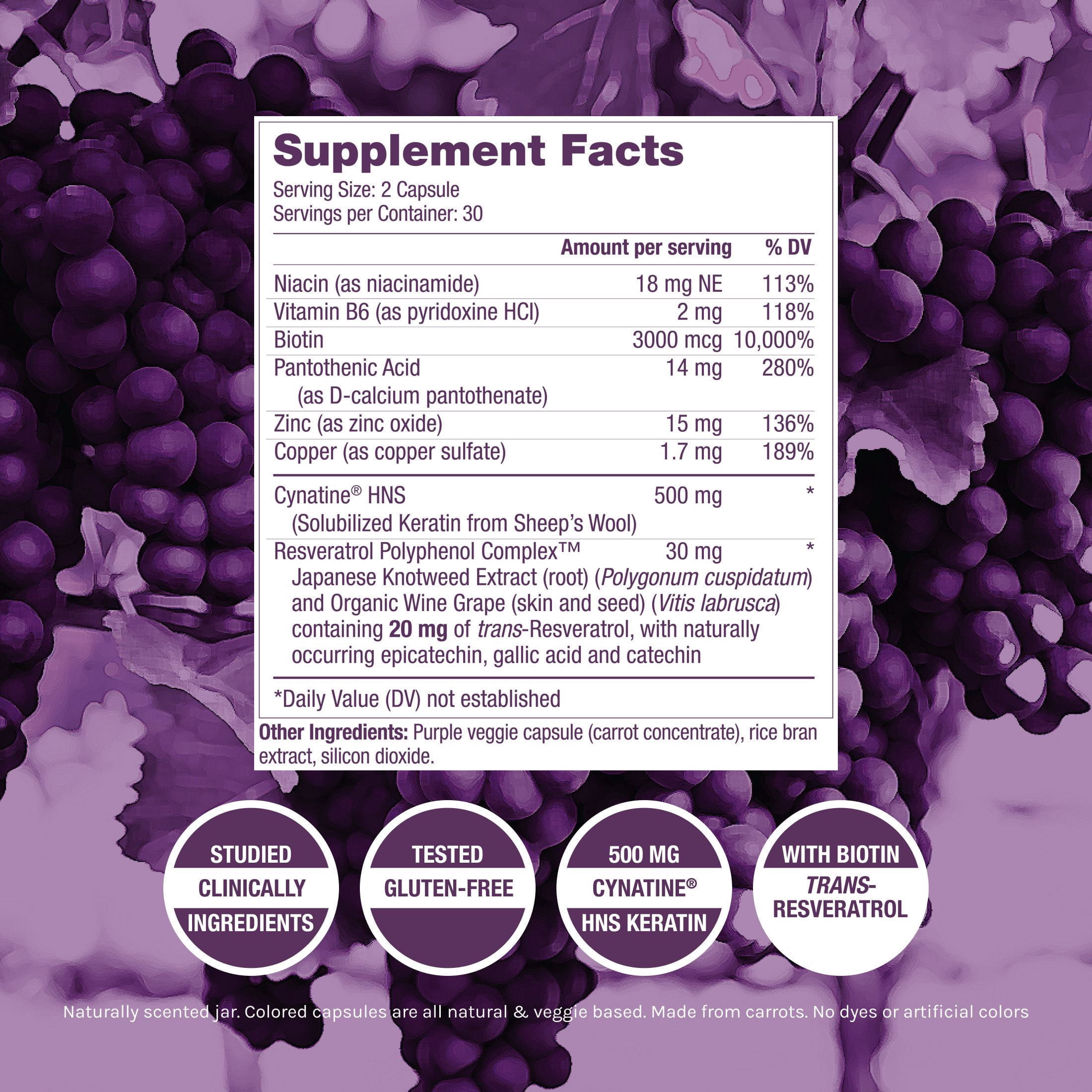 ResVitale Keratin Hair Enhance - Keratin Complex for Hair, Skin and Nails - Keratin Hair Supporter with Resveratrol, Biotin, Vitamin B6, & Pantothenic Acid - 60 Veggie Caps