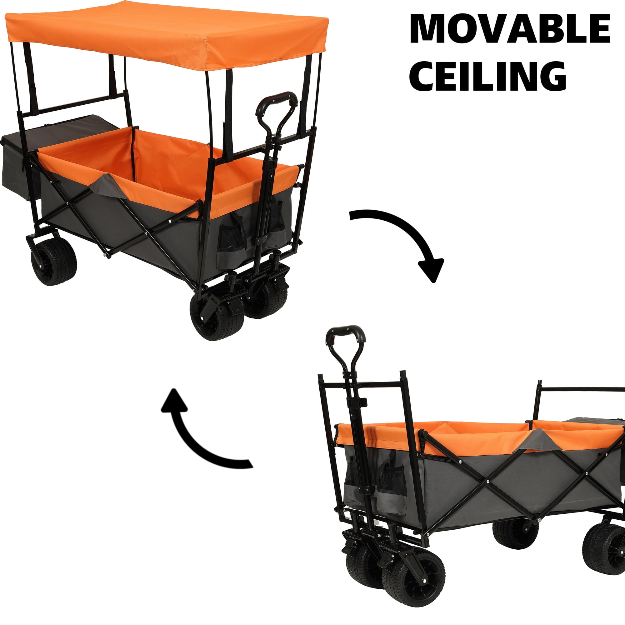 480Lbs Collapsible Wagon With Canopy,Wagon Stroller With 7" All-Terrain Wheels, Lightweight Foldable Wagon, Large Capacity For Camping, Shopping, Sports, And Garden Use,orange With Mosquito Net