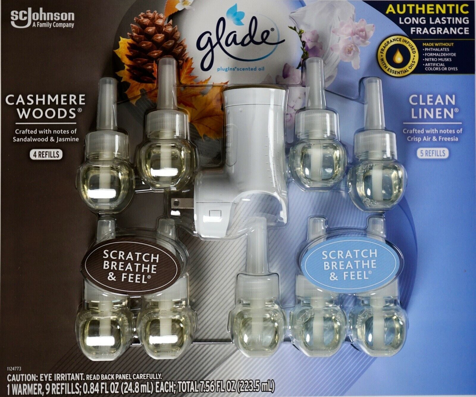 Glade Plugins Cashmere Woods & Clean Linen, 1 Warmer + 9 Scented Oil