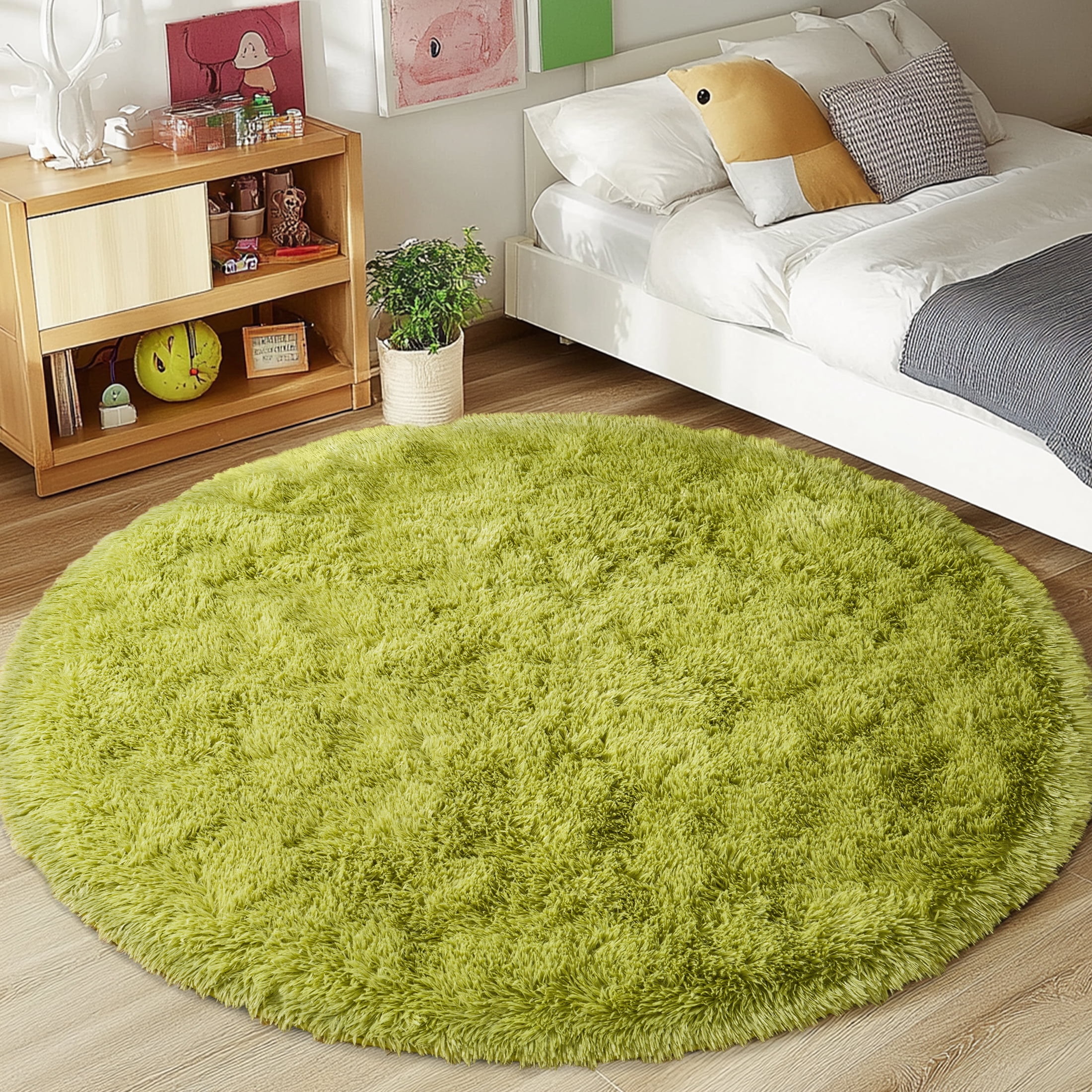Socofuz Soft Round Fluffy Rug, Indoor Modern Carpet for Bedroom Kids Room Nursery, 4'x 4',Grass green