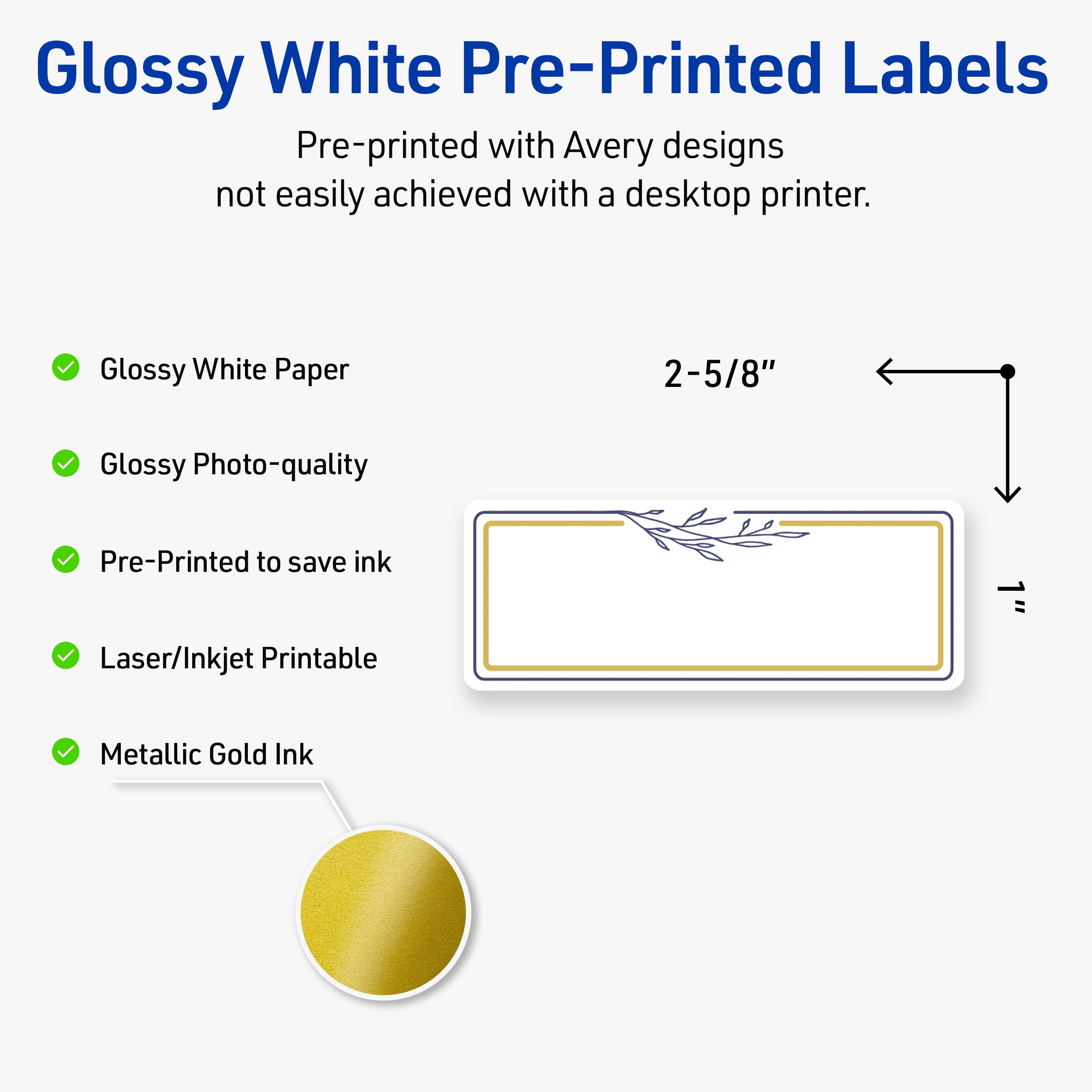 Avery Labels, 1" x 2-5/8", Glossy White, Gold & Navy Border w/ Florals, 160ct