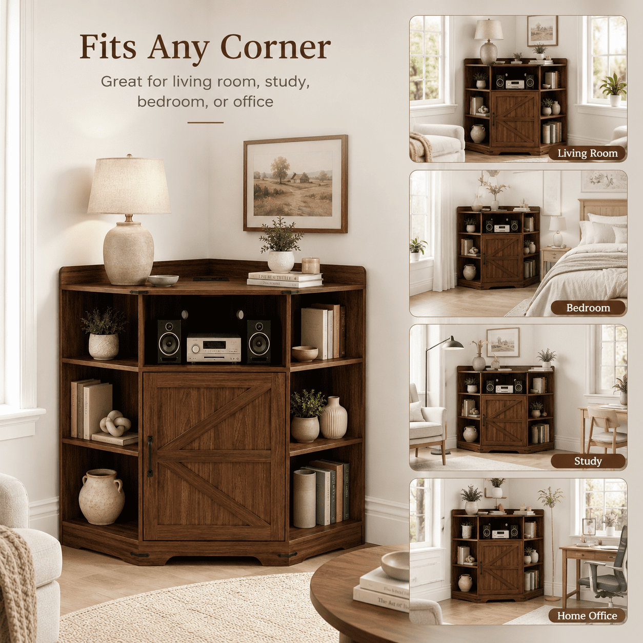 Aukfa Corner Cabinet with Charging Station,3-Tier Storage Shelf with 6 Cubbies, Walnut