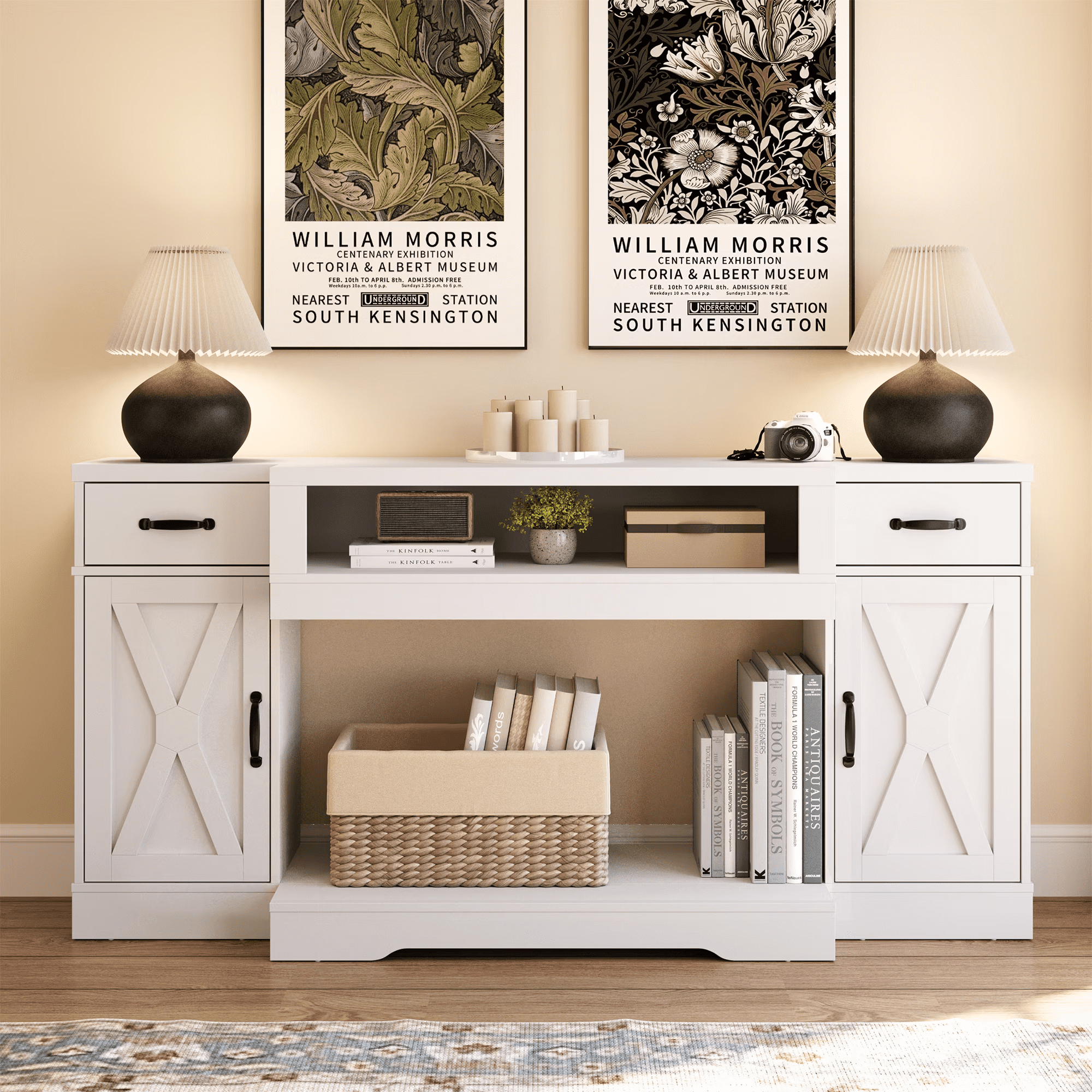 65 Inch TV Stand Farmhouse with Adjustable Shelves Wire Management for Living Room Bedroom