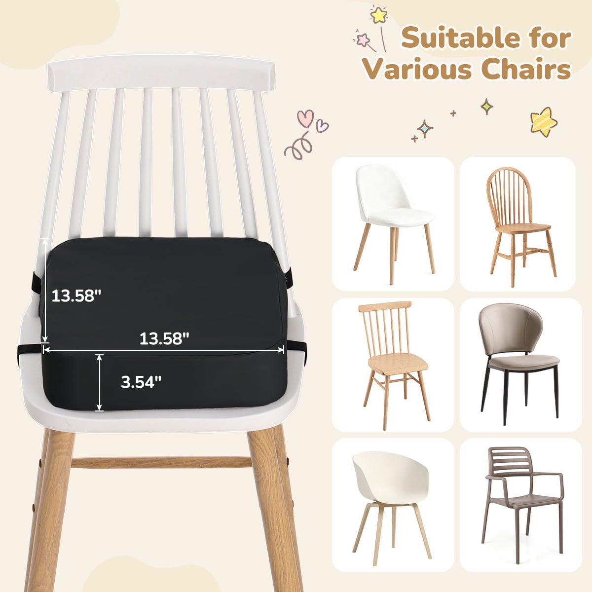 Toddler Booster Seat for Dining Table, Caveen Waterproof Booster Seat for Kitchen Chair, with Adjustable Straps, Portable Increasing Cushion at Home or Going Out, Non-Slip, Black